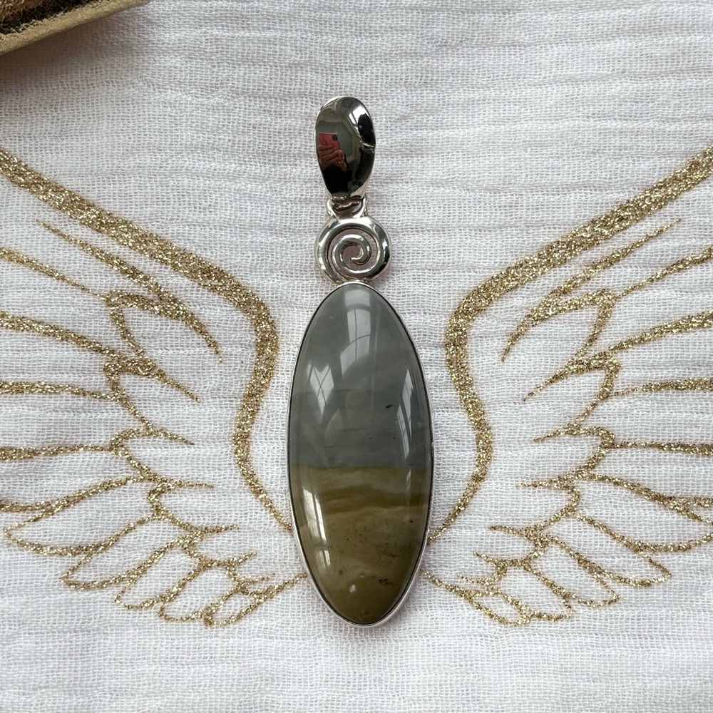 Large Sterling Silver Polychrome Jasper Oval Stone Pendant - Gray and Brown